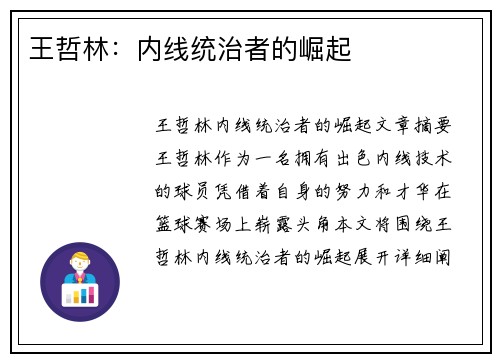 王哲林：内线统治者的崛起
